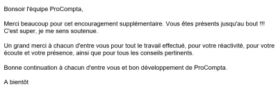 Un grand merci à chacun d'entre vous pour tout le travail effectué, pour votre réactivité, pour votre écoute et votre présence, ainsi que pour tous les conseils pertinents.