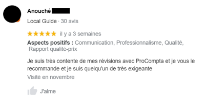 Je suis très contente de mes révisions avec ProCompta et je vous le recommande.