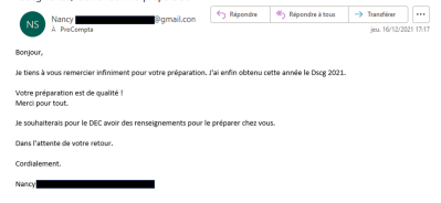 Je tiens à vous remercier infiniment de votre préparation. J'ai enfin obtenu le DSCG 2021.