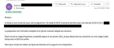 Je tenais à vous remercier pour votre programme. J'ai validé le DSCG la semaine dernière avec une note de 15/20 à l'UE4. La préparation de l'UE4 était complète et le rythme vraiment adapté aux révisions.