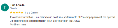 Excellente formation. Les éducateurs sont très performants et l'accompagnement est optimal. Je recommande cette formation pour la préparation du DSCG.