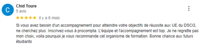 Si vous avez besoin d'un accompagnement pour atteindre vos objectifs de réussite aux UE du DSCG, ne cherchez plus. Inscrivez-vous à procompta. L'équipe et l'accompagnement sont top.