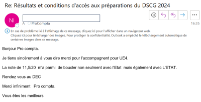 Je tiens sincèrement à vous dire merci pour l'accompagnement pour l'UE4... Rendez vous au DEC. Merci infiniment ProCompta.