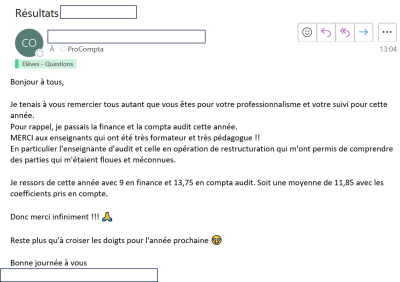 Je tenais à vous remercier tous autant que vous êtes pour votre professionnalisme et votre suivi pour cette année...MERCI aux enseignants qui ont été très formateur et très pédagogue !!