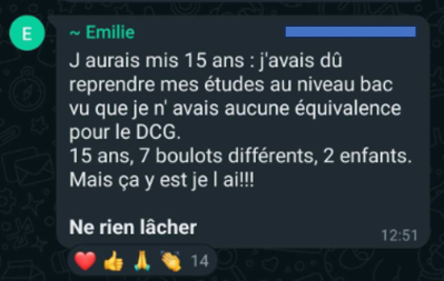 J'aurais mis 15 ans : j'avais dû reprendre mes études au niveau bac vu que je n'avais aucune équivalence pour le DCG. 15 ans, 7 boulots différents, 2 enfants, mais ça y est je l'ai !!! Ne rien lâcher.