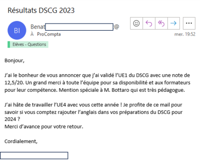 J'ai validé l'UE1 du DSCG avec une note de 12,5/20. Un grand merci à toute l'équipe pour sa disponibilité et aux formateurs pour leur compétence. Mention spéciale à M.Bottaro qui est très pédagogue.