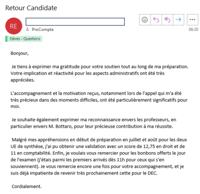 Votre implication et réactivité pour les aspects administratifs ont été très appréciées. L'accompagnement et la motivation reçus, notamment lors de l'appel qui m'a été très précieux dans des moments difficiles, ont été particulièrement significatifs.